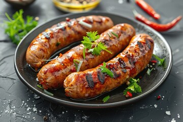 Three hot dogs are on a black plate with parsley and pepper
