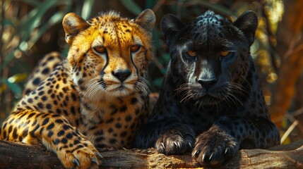 Naklejka premium Cheetah and black panther sitting together on a tree branch