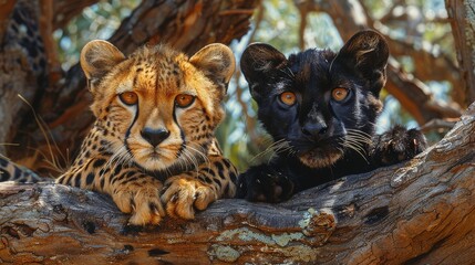Cheetah and black panther sitting together on a tree branch