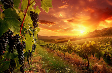 Naklejka premium Beautiful Sunset Sky in Napa Valley Wine Country on Spring Vineyards , Mountains.