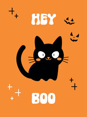 Halloween poster with cute cat and text Hey boo in groovy font. Minimal design, cute flat style, festive aesthetic greeting card. Hand drawn flyer. Happy Halloween party invitation, social media