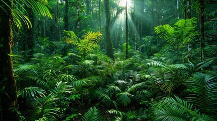 Fototapeta premium Lush Rainforests, Photos capturing the vibrant life and dense foliage of tropical rainforests, illustrating their ecological importance and biodiversity