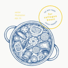 Vector Hand Drawn Marrow Bone Broth Illustration. Collagen Diet Food Illustration. Vintage Style Soup Pot.