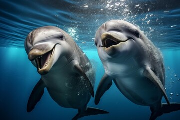 Two playful and photogenic dolphins swimming together in the clear blue underwater marine life. Showcasing their joyful and friendly nature