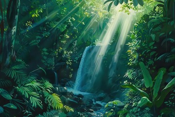 Fototapeta premium Lush Green Waterfall in Dense Tropical Rainforest with Sun Rays Shining Through