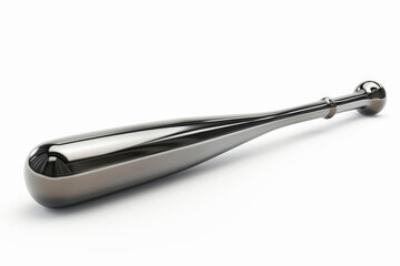 A sleek, metallic baseball bat is laying horizontally against a white backdrop, showcasing its polished surface and modern design.