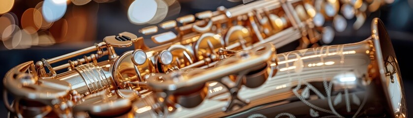 Saxophone Closeup Macro shot of a gleaming saxophone, capturing the intricate details of its keys and valves