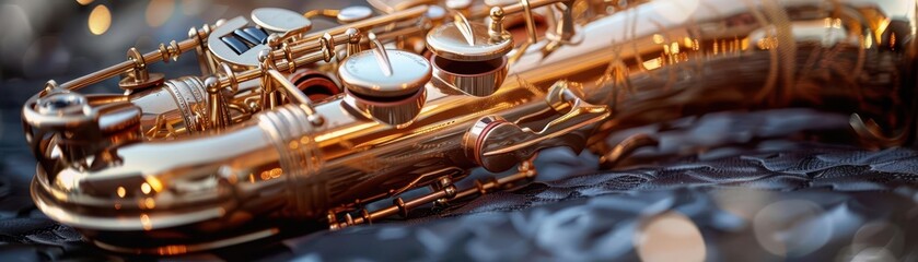 Saxophone Closeup Macro shot of a gleaming saxophone, capturing the intricate details of its keys and valves