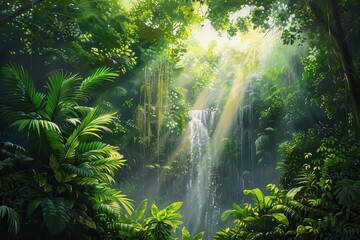 Lush Green Waterfall in Dense Tropical Rainforest with Exotic Plants and Bright Sunlight