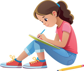 Young girl concentrating while doing homework sitting on floor