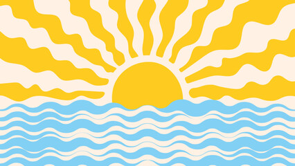 Groovy, hippie, retro sunny background. Abstract hand drawn doodle sunshine shapes in trendy childishly, naive art style. Contemporary summer sea, ocean, river poster, banner, vector template.