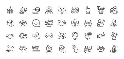 Difficult stress, Yoga and Handshake line icons pack. AI, Question and Answer, Map pin icons. Medical help, Consult, Team work web icon. Vector