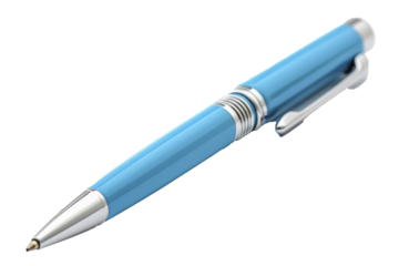 A sleek, blue ballpoint pen with silver accents lying on a white surface, ready for writing.
