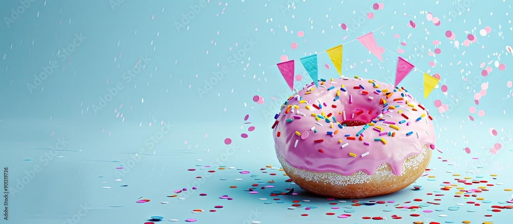 Poster Pink donut with decorative flags and confetti on blue backdrop isolated for copy space image