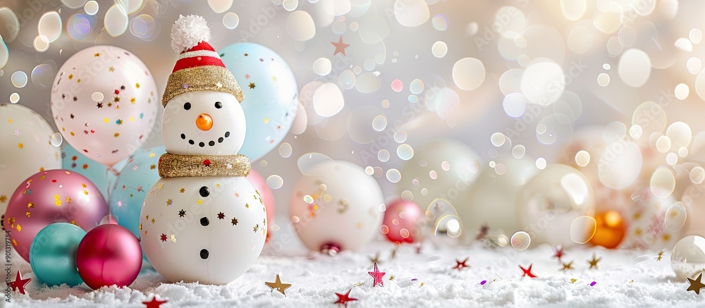 Aufkleber snowman surrounded by balloons stars and bokeh on a white backdrop providing a festive copy space im