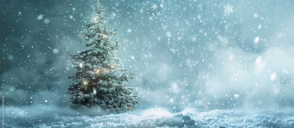 Poster Christmas tree evoking nostalgia surrounded by snowflakes with a blank area for additional image or text such as a copy space image