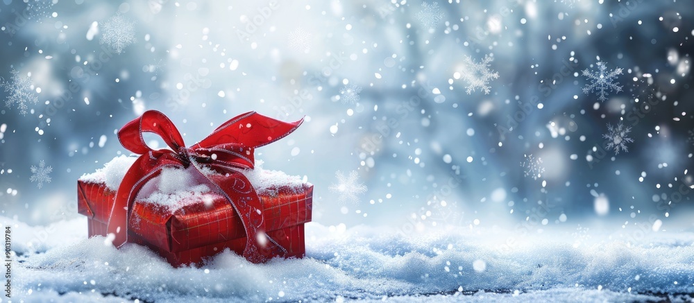 Poster Decorative Christmas present with ribbon and bow on snowy background creating a festive copy space image