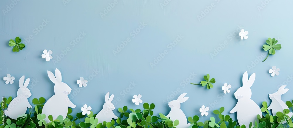 Aufkleber easter themed border design featuring bunnies clover leaves on blue backdrop with a paper cut style 