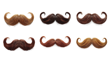 A collection of six styled, wearable mustaches in various shades of brown and blonde, arranged in two rows on a white background.