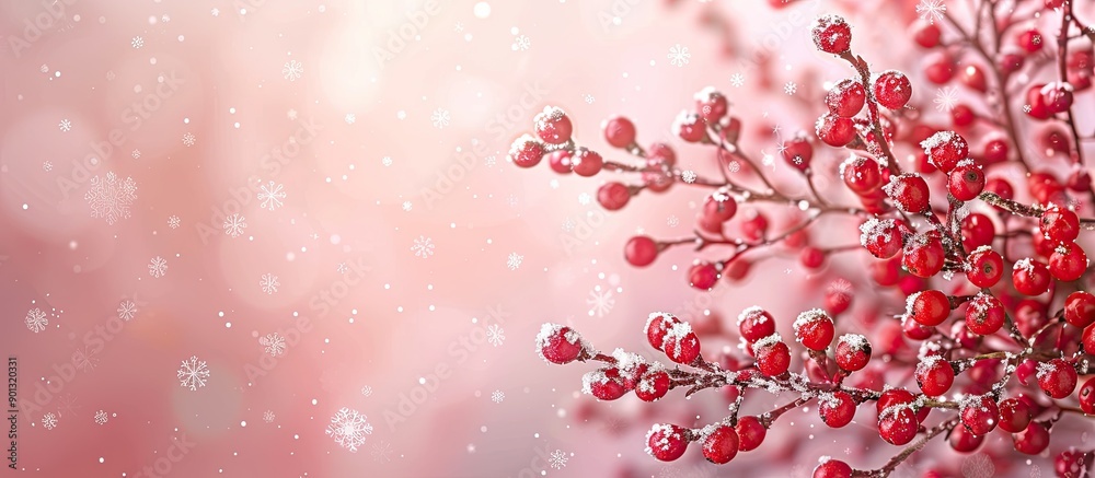 Aufkleber winter themed image with space for text featuring delicate red berries and snowflakes on a soft pink