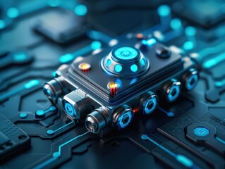Fototapeta premium Futuristic robot component on a circuit board, illuminated by vibrant blue lights, showcasing advanced technology and design.