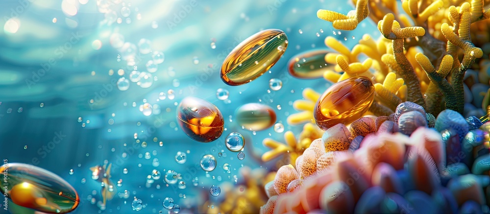 Poster Fish oil capsules feature a serene underwater scene providing a calming view with copy space image