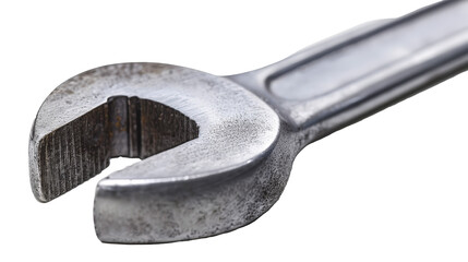 A close-up image of a metal wrench with an open-end jaw, commonly used for tightening or loosening nuts and bolts.