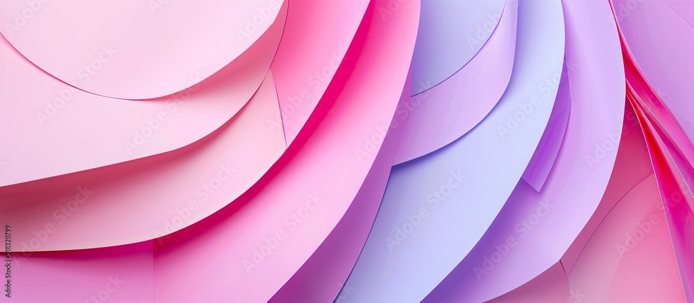 Poster Top view of geometric shapes in pastel pink and purple colors forming an abstract paper composition banner against a copy space image
