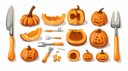 Illustration vector clipart set of Halloween carving tools and orange pumpkins lights. Spooky cartoon stickers on white background isolated