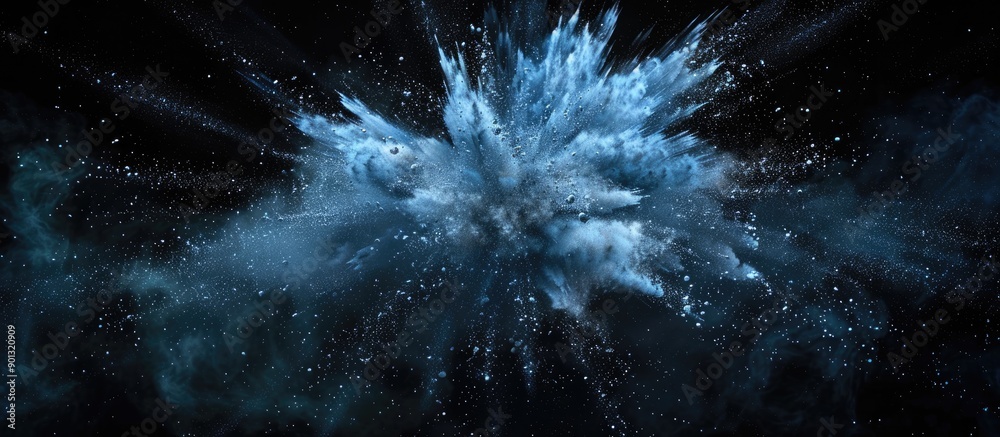 Poster capture the frozen moment of blue powder burst on a black backdrop creating an abstract white dust c