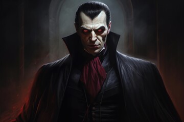 Fototapeta premium Digital art of a vampire lord with piercing red eyes looming in a shadowy corridor