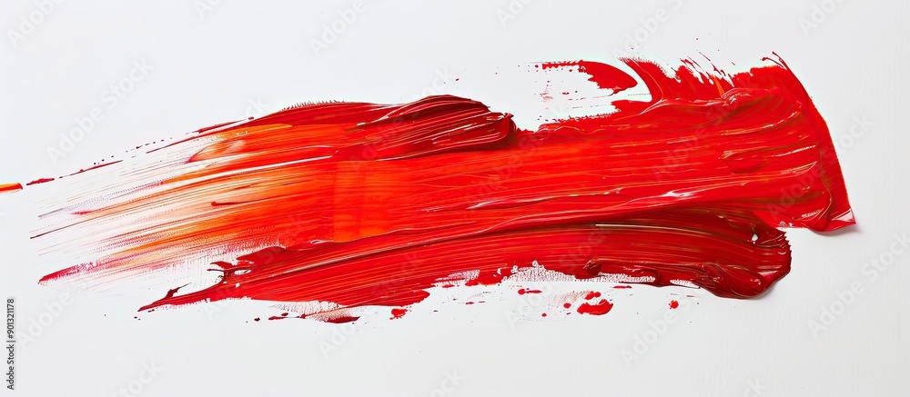Poster Close up of a vibrant red paint stroke against a white backdrop with empty space for text or design in the image. Creative banner. Copyspace image