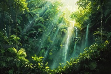 Obraz premium Lush Green Jungle Waterfall in the Heart of the Rainforest