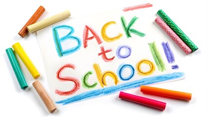 children's drawing with Back to School text in colorful chalk on white paper background