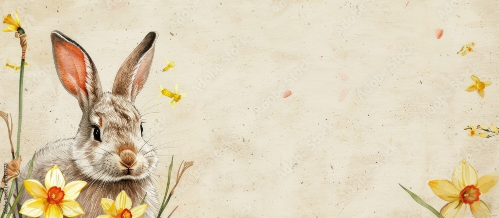Aufkleber Easter themed frame with a bunny and daffodil on a beige background ideal for an Easter postcard with a copy space image