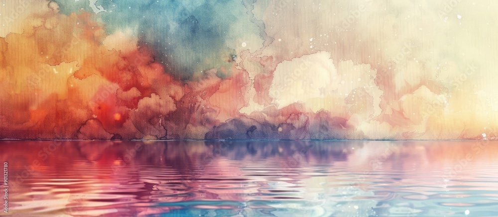 Leinwandbilder Vivid watercolor painting with colorful blots and smears creating a beautiful abstract background with a mirror like reflection of the sky and clouds on water ideal for a copy space image