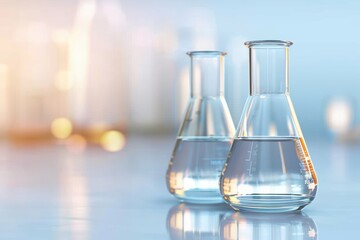 Two glass beakers filled with clear liquid, showcasing a modern laboratory setting with a soft, blurred background.