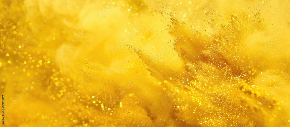 Poster Freeze motion of yellow powder exploding in an abstract powder splattered background with yellow glitter texture ideal for copy space image