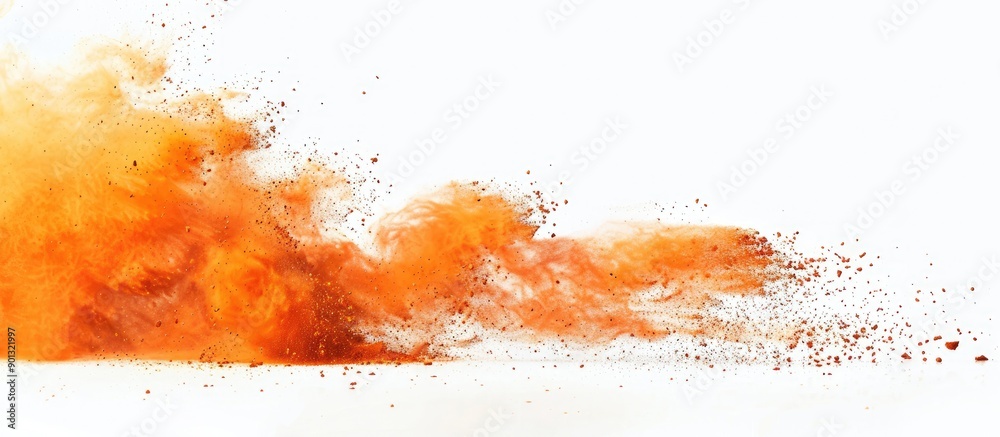 Poster capture the moment of orange powder burst on a white backdrop in a freeze frame leaving room for add