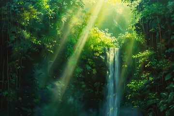 Fototapeta premium Lush Green Waterfall in Dense Overgrown Jungle with Bright Light Rays