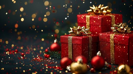 Christmas banner. Realistic gold gift box with red bow, pine branches, golden stars and glitter confetti. Xmas background, cover, poster, greeting cards, headers website.