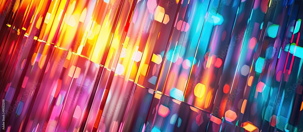 Poster detailed framed distorted full frame view through glass rods of a vibrant well lit space with copy s