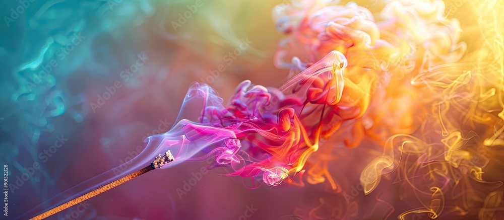 Poster A photo of colorful smoke drifting from an incense stick in a studio setting with copy space image