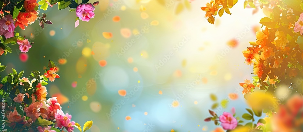 Fototapete Vivid spring scene with blooming flowers and foliage set against a summery backdrop suitable for text additions in a copy space image
