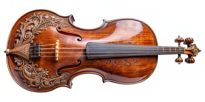 Elegant historic viola da gamba with intricate carvings and ornate details, isolated on transparent background, showcasing its beauty and craftsmanship.