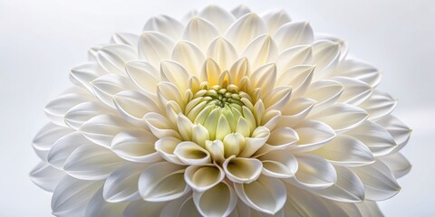 Delicate petals and intricate details of a freshly bloomed white dahlia flower are showcased in stunning macro photography with a clean white background and copy space.