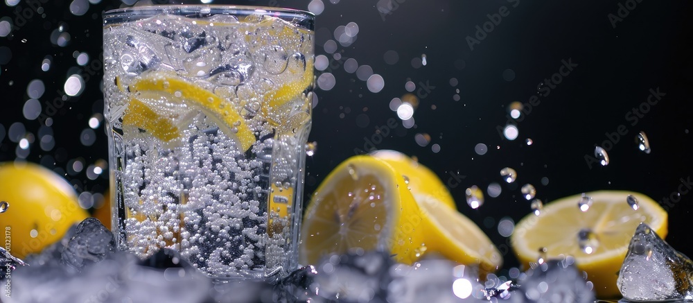 Leinwandbilder fresh cold carbonated water with ice lemon slices and soda on black background with copy space image