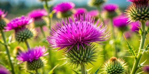 Vibrant purple Rough Star-Thistle blooms amidst lush green foliage, swaying gently in the breeze, on a warm sunny summer day in a vast open field landscape.