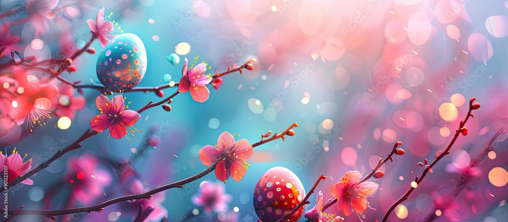 Poster festive easter themed image with colorful eggs and blossoms. creative banner. copyspace image