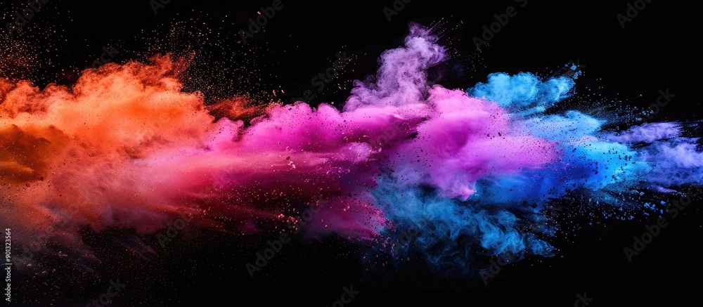 Poster Color powder exploded freezing its motion on a black background creating an abstract and vibrant copy space image